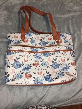 Floral Canvas Tote Bag with Brown Trim - Blue & Pink Flowers